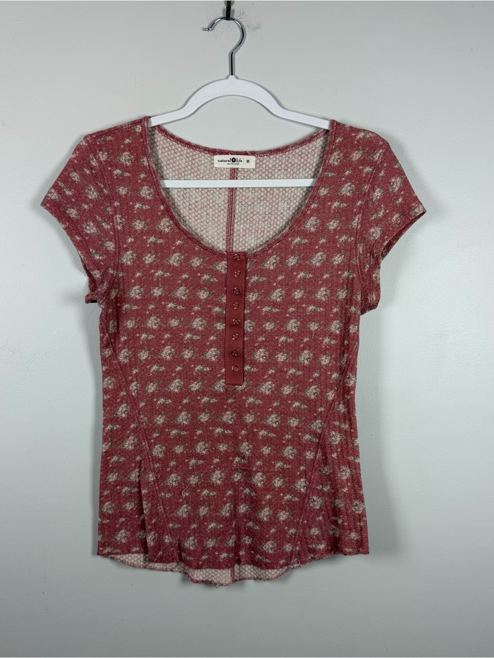Natural Life Pink Thermal Floral Henley Reagan Waffle Babydoll Tee Top Medium